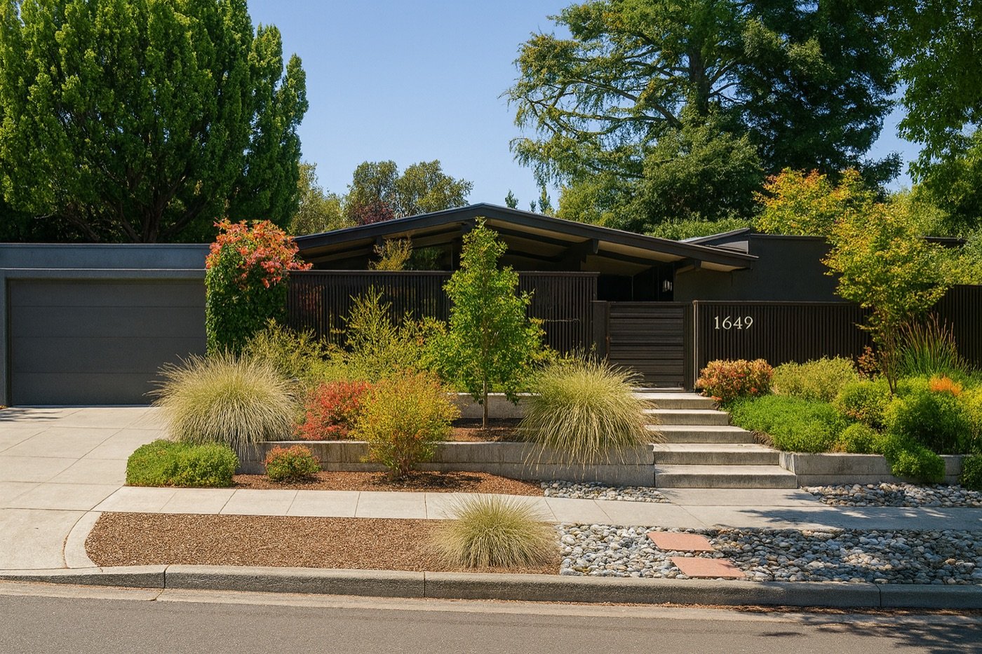 Fairglen — dark-stained Eichler, original siding