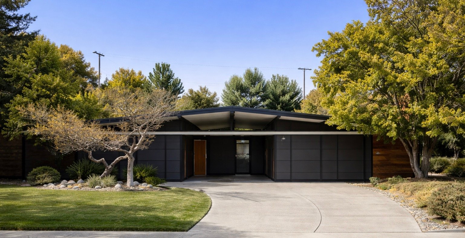 Fairmede-era modern — wide eaves, walls of glass