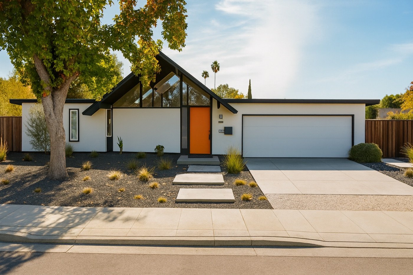 Fairorchard — white Eichler, orange door, xeriscape