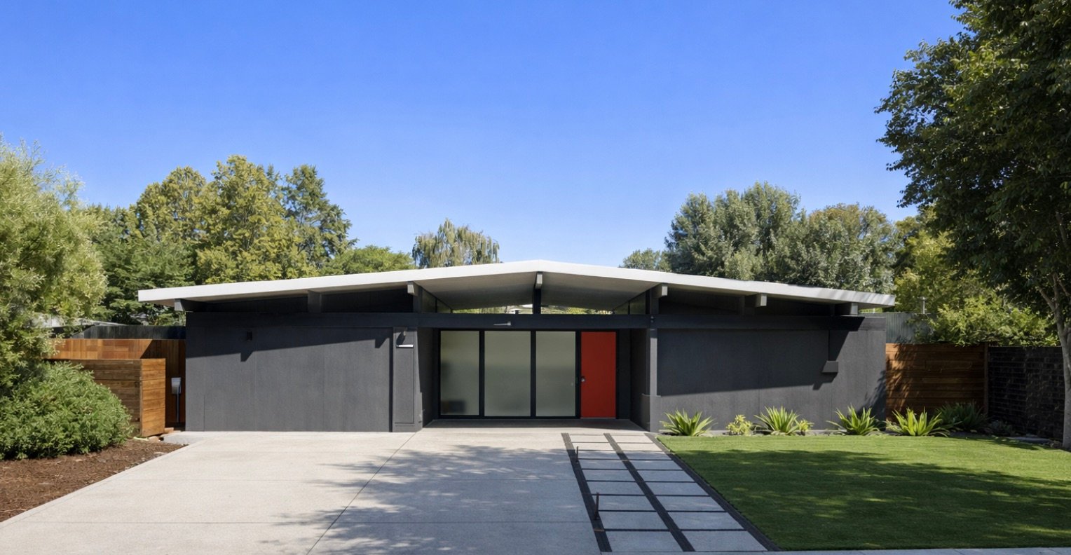 Rose Glen-era Eichler — clean facade, red door